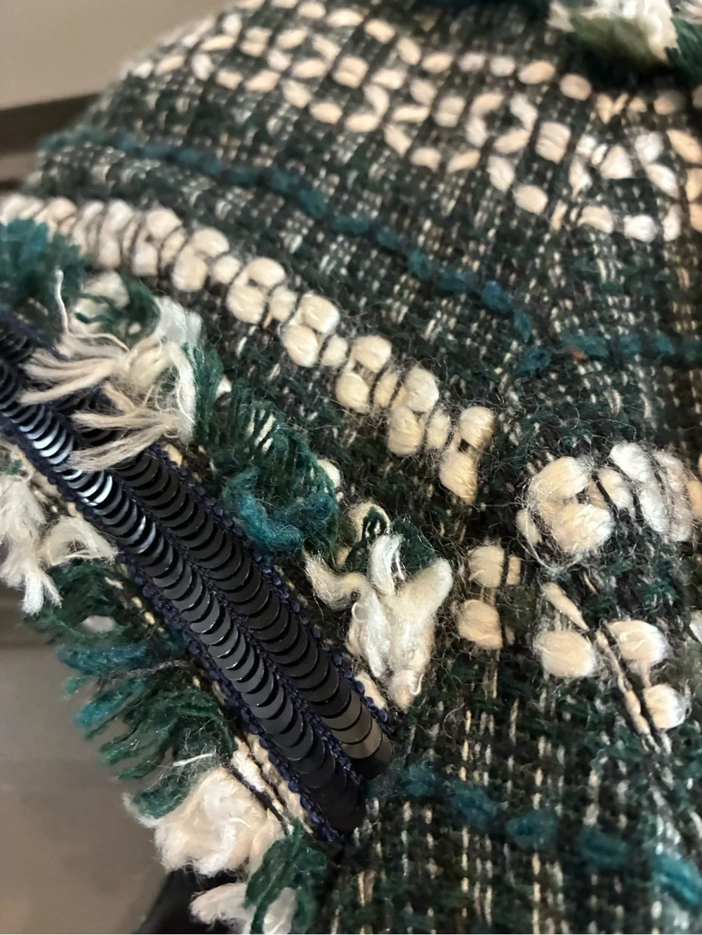 Tory Burch Green and White Tweed Fringe Dress With Sequins at Neck and Arms - Picture 3 of 7